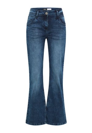 Jeans en denim bleu foncé évasés avec fermeture à bouton, poches avant et arrière, et décoloration subtile aux cuisses et aux genoux.