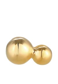 Ein goldfarbener Schmuckstück mit einer glatten, abgerundeten Form, das aus zwei verbundenen Kugeln besteht. Die Oberfläche ist glänzend und reflektierend.