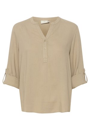 Beige Bluse mit Knopfleiste, V-Ausschnitt, Dreiviertelärmel und hochrollbaren Manschetten. Hergestellt aus leichtem Stoff mit glatter Textur.