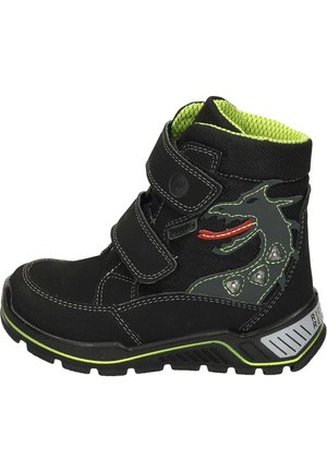 Schwarze Mid-Top-Stiefel mit zwei Klettverschlüssen, ausgestattet mit einem grünen Mesh-Innenfutter, Drachenmotiv, reflektierenden Akzenten und einer strukturierten Gummisohle.