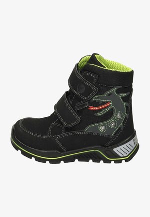 Zwarte mid-top boots met twee klittenbandsluitingen, uitgerust met een groene mesh voering, draakontwerp, reflecterende accenten en een gestructureerde rubberen zool.