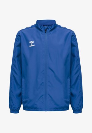 Blå letvægtsjakke med høj krave, lange ærmer, elastiske manchetter og logo på brystet. Glat tekstur, ingen synlige mønstre.