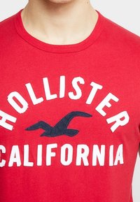 Punainen puuvillainen T-paita, jossa on pyöreä kaula-aukko. Paidassa on valkoisella brodeerattu teksti "HOLLISTER" ja "CALIFORNIA", sekä tummansininen logografiikka.