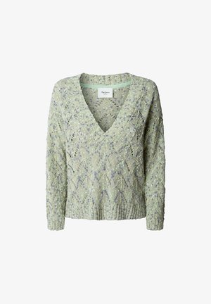 Hele roheline kootud sviiter V-kaelusega, millel on keerukad mustrid ja tekstureeritud lõng, aktsentideks lavendli ja valgete täppidega.