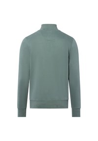 Jasnozielony długi rękaw sweatshirt z prążkowanym wysokim kołnierzem, mankietami i dołem, przedstawiony z tyłu na białym tle.