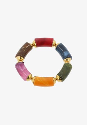 Bracelet coloré avec six pierres rectangulaires en rouge, rose, marron, orange, vert et bleu, séparées par des accents dorés.