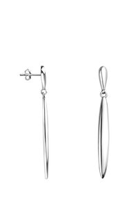 Silvriga hängörhängen med en smal, avlång tårform och en slät, polerad yta. Har säker postinhängning.
