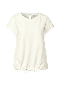 Haut blanc à manches courtes avec un tissu texturé, col rond, fermeture éclair au dos et cordon de serrage ajustable à l'ourlet pour un ajustement.