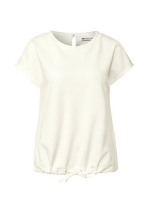 White short-sleeve top with a textured fabric, rounded neckline, back zipper, and adjustable drawstring at the hem for fit.