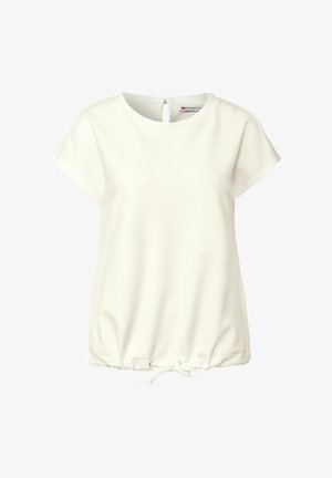 Weißes kurzärmeliges Oberteil aus strukturiertem Stoff, mit rundem Halsausschnitt, hinten mit Reißverschluss und verstellbarem Kordelzug am Saum für eine individuelle Passform.