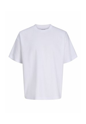 T-shirt blanc uni oversize à manches courtes, col rond et coupe ample sur fond blanc.