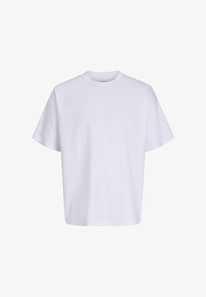 T-shirt blanc uni oversize à manches courtes, col rond et coupe ample sur fond blanc.