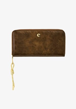 Brown textured leather zip-around wallet with gold "C" logo and beige knotted cord attached to zipper pull.