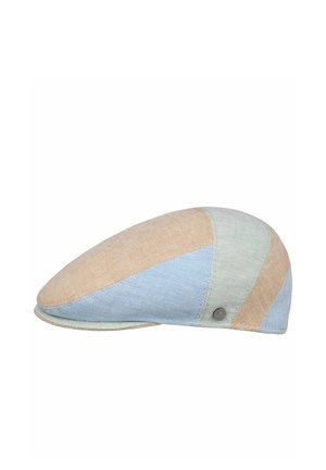 Schiebermütze mit Patchwork-Design in Beige, Hellblau und Hellgrau mit einem kleinen runden Metall-Emblem an der Seite.