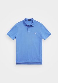 Polo shirt blu realizzato in misto cotone. Presenta un colletto classico, una patta con tre bottoni, maniche corte e un piccolo logo rosa sul petto.