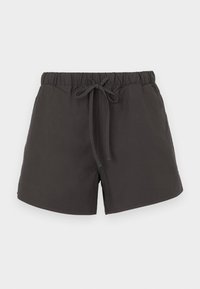 Shorts de bumbac gri închis, cu talie elastică, șnur ajustabil și croială lejeră. Textură netedă, fără modele sau ornamente vizibile.