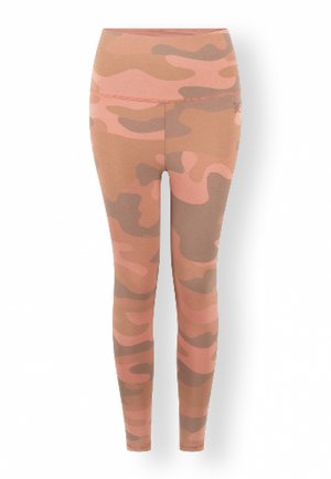 Leggings camouflage in tonalità di rosa e marrone; design aderente con vita elasticizzata; texture liscia e finitura senza cuciture.