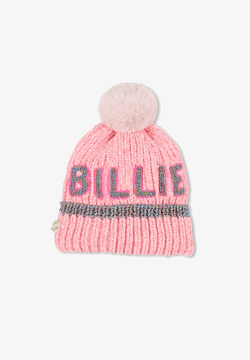 Roze gebreide muts met een fluffy pompon bovenop, een geribbelde textuur en het woord "BILLIE" in glinsterende letters met een kleurrijke band.