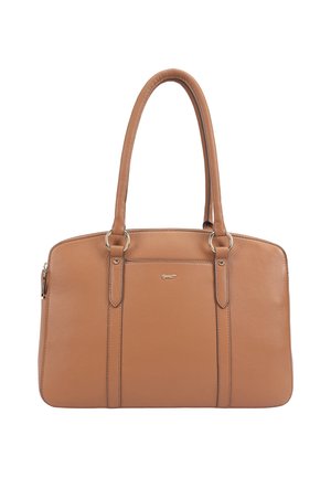 Handtas van tan leer met twee lange handvatten, goudkleurige hardware en een klein metalen logo in het midden aan de voorkant.