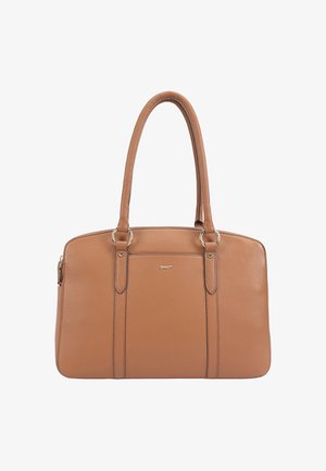 Sac à main en cuir fauve avec deux longues anses, ferrures dorées et un petit logo métallique au centre avant.