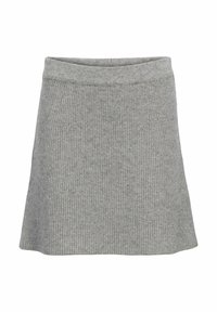 Grauer gerippter Strickrock mit ausgestellter Form und elastischem Bund. Verfügt über eine strukturierte Oberfläche und durchgehende Farbe.
