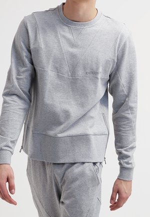 Mies, jolla on vaaleanharmaa Adidas-huppari ja siihen sopivat collegehousut, seisoo yksinkertaisen vaalean taustan edessä.