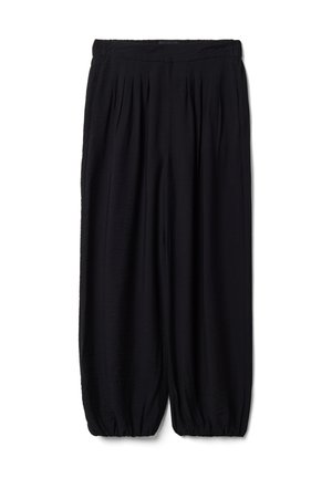 Pantalon noir coupe ample avec plis à la taille et poignets élastiqués aux chevilles, présenté sur fond blanc.