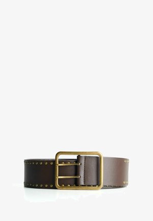 Brown leather belt with double prong brass buckle and evenly spaced brass studs along edges on white background.