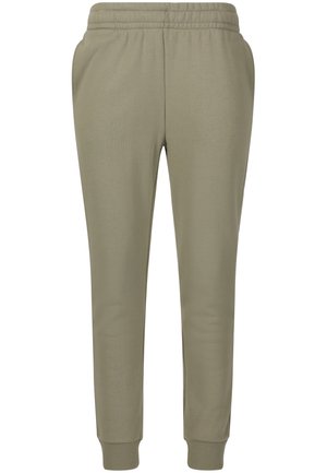 Lichtbruine taps toelopende joggingbroek met elastische tailleband en geribbelde boorden, voorkant zijkant zichtbaar, geen zichtbare logo's of patronen.