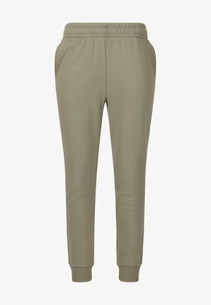 Lichtbruine taps toelopende joggingbroek met elastische tailleband en geribbelde boorden, voorkant zijkant zichtbaar, geen zichtbare logo's of patronen.