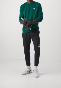 Zelená mikina s logem Adidas, černé tepláky a bílé tenisky s černými pruhy. Osoba drží činky. Jednoduchý, sportovní outfit.