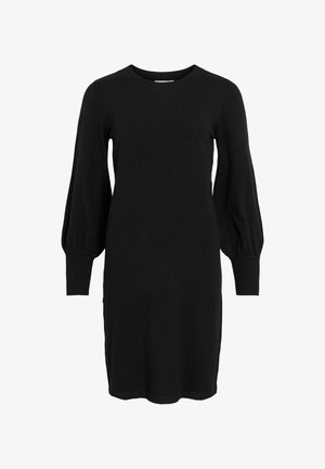 Czarna dzianinowa sukienka z okrągłym dekoltem, balonowymi rękawami i ściągaczami. Materiał wydaje się miękki i gładki, odpowiedni do codziennego noszenia.