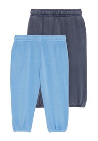 Twee paar joggingsbroek: één lichtblauw en één donkergrijs. Beide hebben een elastische tailleband en verzamelde boorden bij de enkels.