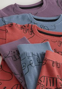 Four textured sweatshirts: purple, blue, and red with black animal line drawings. Ribbed fabric, crew neck design.