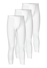 Three pairs of white long johns with a fitted design, smooth cotton material, a waistband, and a fly opening. No patterns or accents visible.
