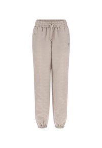 Lichtbeige joggers met een subtiel patroon, elastische tailleband, trekkoord en opgerolde enkels. Gemaakt van een gladde, zachte stof.