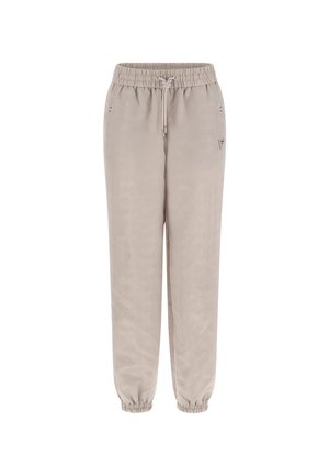 Light beige joggers with a subtle pattern, elastic waistband, drawstring, and cuffed ankles. Made from a smooth, soft material.
