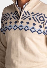 Beige gebreide pullover met een hoge kraag, voorzien van een geometrisch blauw en grijs patroon op de borst. Zachte textuur en veelzijdig ontwerp.