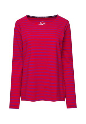 Maglietta rossa a maniche lunghe con righe orizzontali blu, scollatura rotonda e un logo decorativo sul lato sinistro superiore. Tessuto dalla texture liscia.
