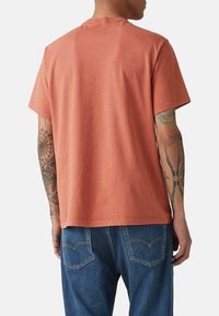 Camiseta de manga corta con cuello redondo en color óxido, fabricada en algodón suave, con un corte relajado. Presenta un diseño sencillo y un dobladillo sin terminar.