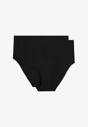 Zwarte katoenen slips met een gladde textuur en een klassieke snit met volledige bedekking. Twee paar worden getoond, zonder zichtbare patronen of accenten.