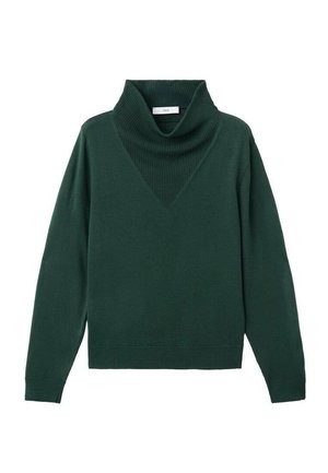 Pull vert foncé avec un col roulé relâché, design en V, manches longues et ourlet côtelé. Fabriqué en matière tricotée douce et texturée.
