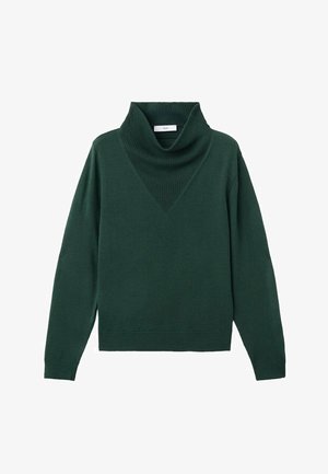 Donkergroen trui met een ontspannen col, V-vormig ontwerp, lange mouwen en geribbelde zoom. Gemaakt van zacht, gemarmerd breimateriaal.
