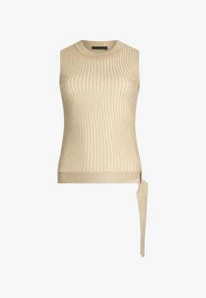 Beige mouwloos top met een geribbelde textuur, voorzien van een zijstrikaccent en een aansluitend ontwerp. Gemaakt van een glanzend, lichtgewicht materiaal.
