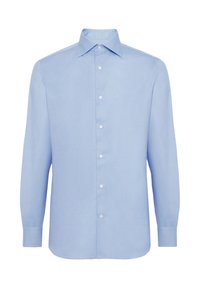 Jasnoniebieska koszula z długim rękawem, wykonana z gładkiego materiału. Posiada klasyczny kołnierzyk, zapięcie na guziki z przodu oraz dopasowane mankiety. Bez wzorów ani akcentów.