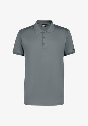 Šedé polo tričko vyrobené z hladké tkaniny, s klasickým límečkem, tříknoflíkovou légou a krátkými rukávy s čistým zakončením.