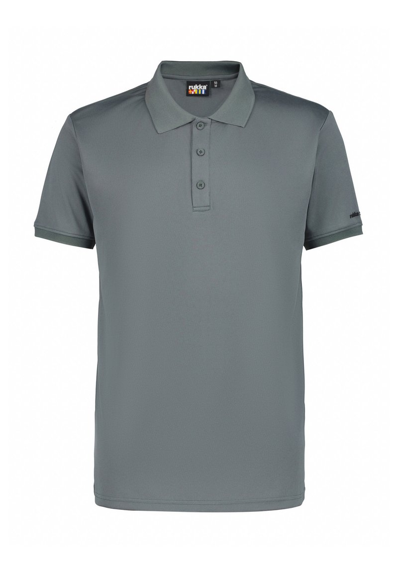 Grå kortärmad pikétröja i slät tyg, med klassisk krage, tre-knapps knäppning och korta ärmar med ren avslutning.