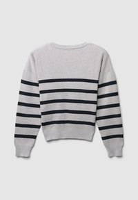 Grauer Pullover mit dunkelblauen horizontalen Streifen. Mit Rundhalsausschnitt, langen Ärmeln und gerippten Bündchen und Saum. Weiche Stricktextur.