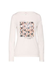 Weißes Langarm-T-Shirt mit einem rechteckigen Grafikdesign, das farbenfrohe, mit Pailletten besetzte Dreiecke und den Text: "Fühle jede Emotion" und "DAS SIND DIE FARBEN DEINER SEELE" zeigt.