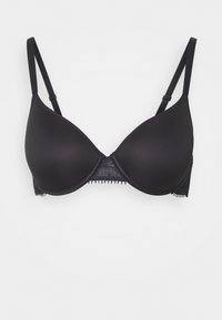 Black bra with padded cups and lace detailing at the back. Features adjustable straps and a smooth, seamless design.